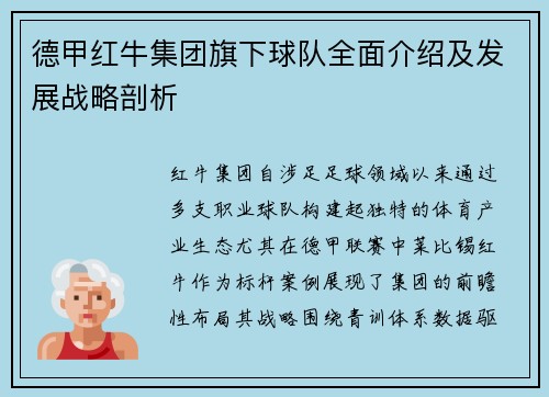 德甲红牛集团旗下球队全面介绍及发展战略剖析